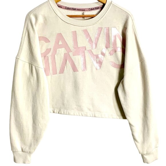 Calvin Klein Oversized Mirror Logo Cropped Sweatshirt Spell Out L Long Sleeve - Picture 2 of 10